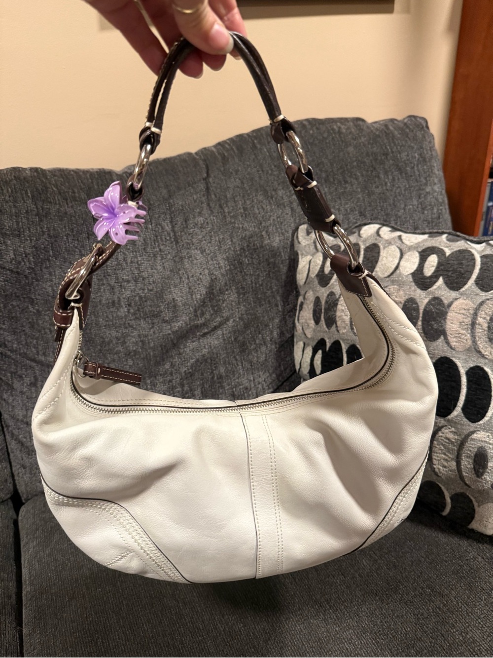 Leather Hobo Shoulder Bag - White with Brown Trim